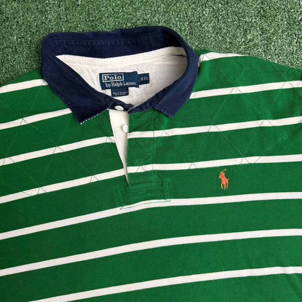 Polo Ralph Lauren Rugby Shirt Mens XXL Green White Stripe Navy Collar Orange